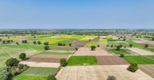 Vibrant aerial view of diverse farmland patchwork during summer, showcasing agricultural diversity.
